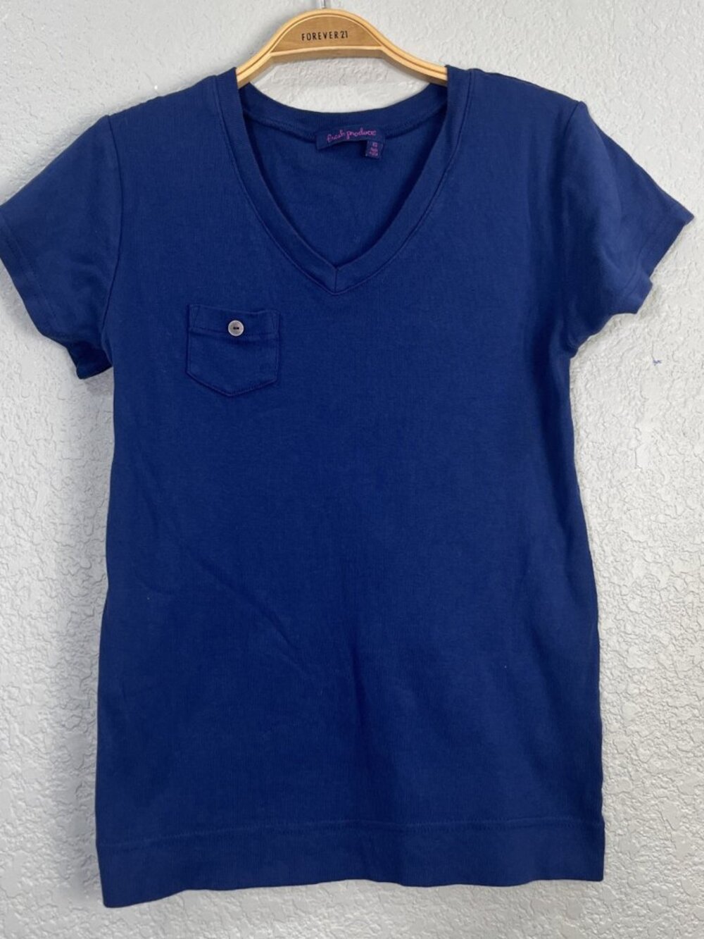 Fresh Produce T-Shirt Womens XS Blue V-Neck Pocket Cotton Short Sleeve Casual